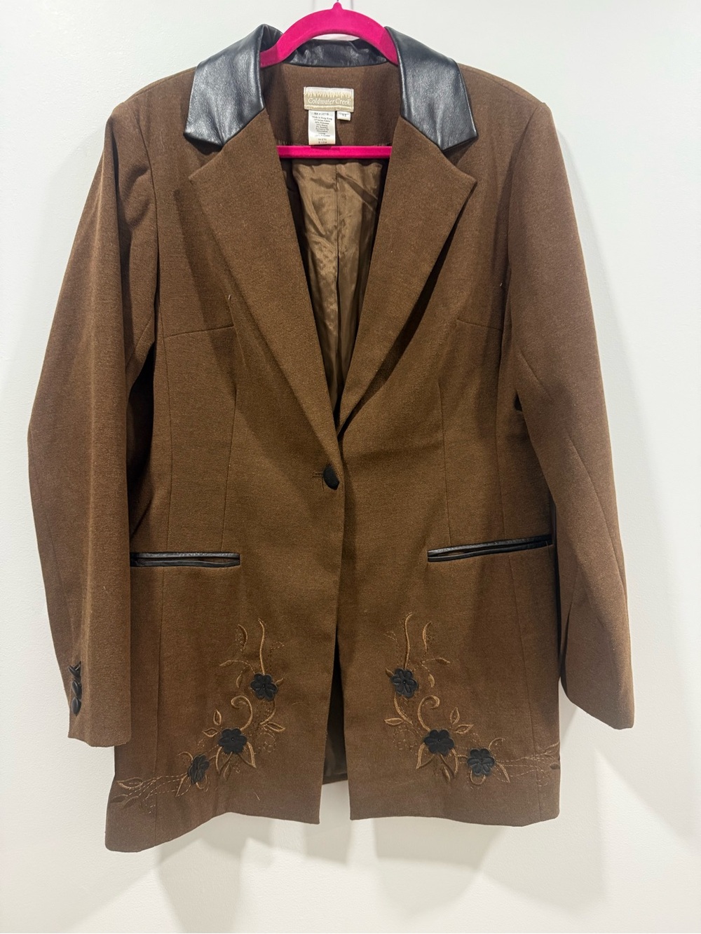 Coldwater Creek Brown Blazer with Black Faux Leather Trim Made of Italian Fabr